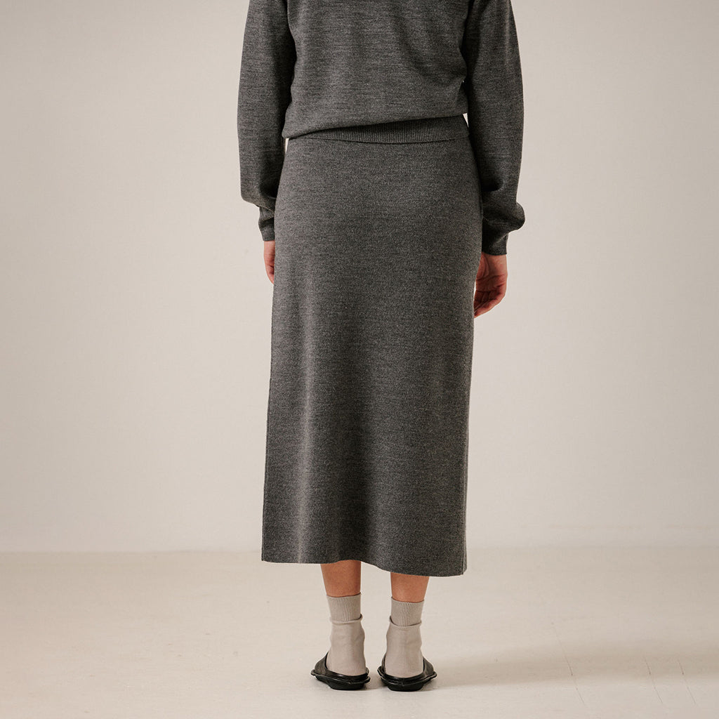 Bare Knitwear Trunk Show Woman Asymmetric Midi Skirt Charcoal Grey