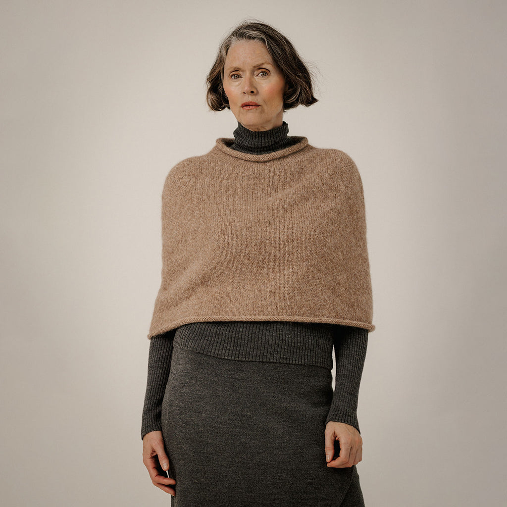 Bare Knitwear Trunk Show Woman Seamless Alpaca Poncho Dark Fawn Brown