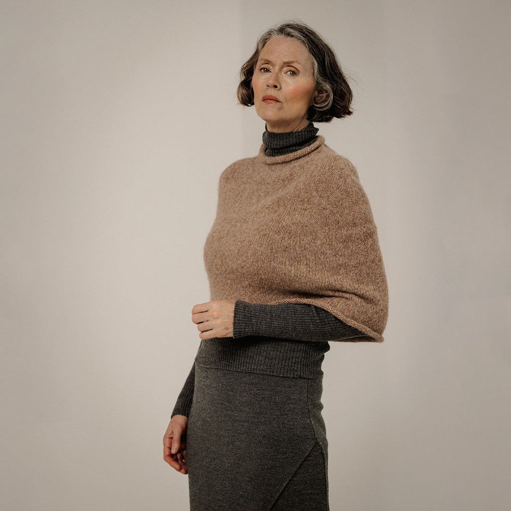 Bare Knitwear Trunk Show Woman Seamless Alpaca Poncho Dark Fawn Brown