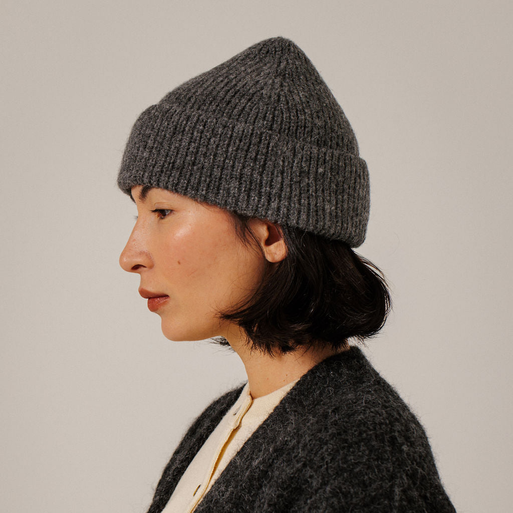 Bare Knitwear Trunk Show Woman Baby Alpaca Rib Beanie Charcoal Grey