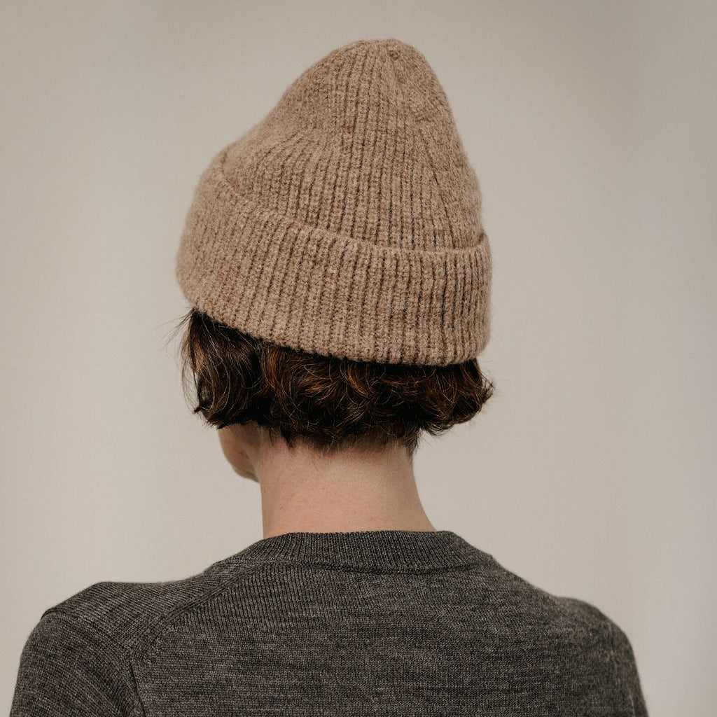 Bare Knitwear Trunk Show Woman Baby Alpaca Rib Beanie Dark Fawn Brown