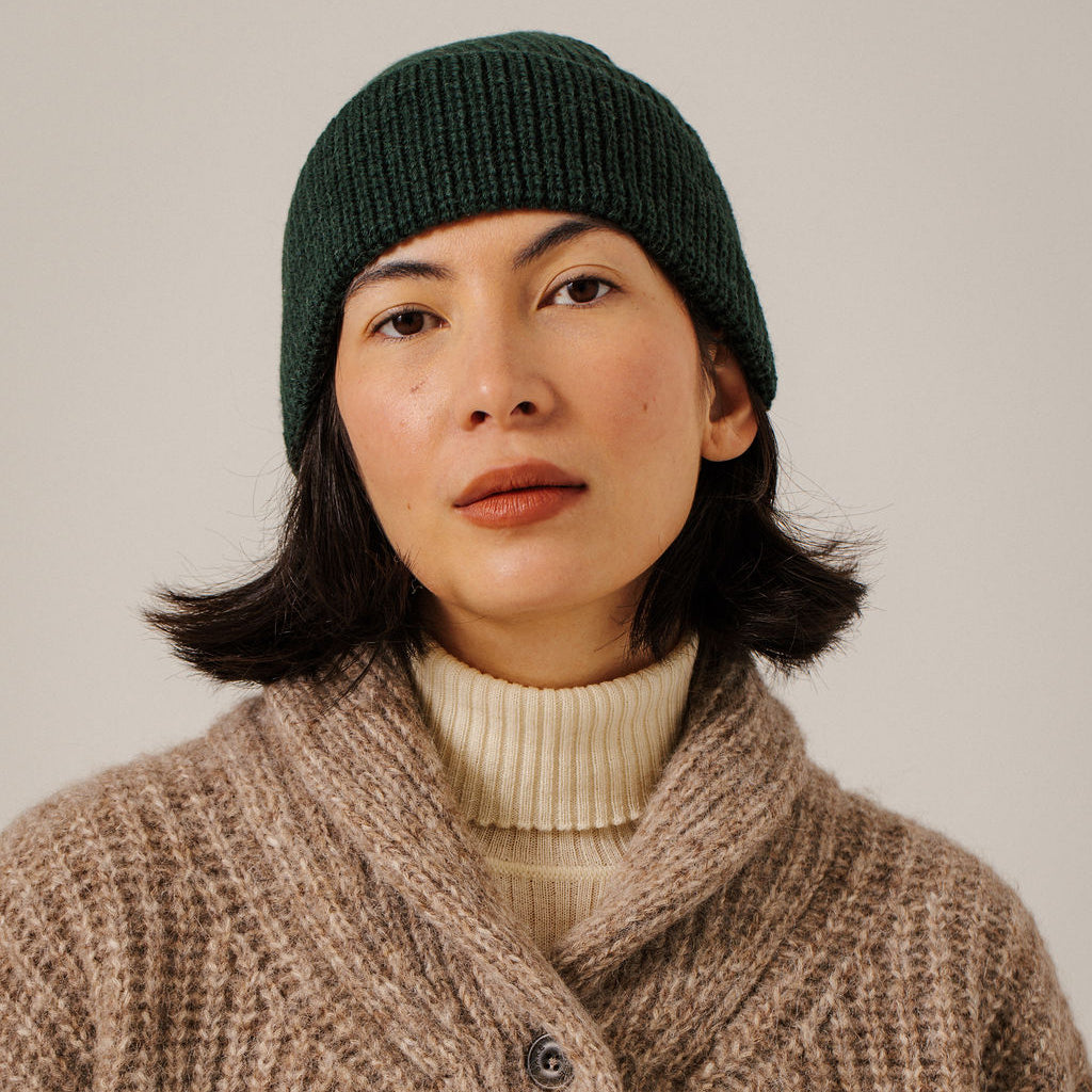 Bare Knitwear Trunk Show Woman Baby Alpaca Rib Beanie Emerald Green