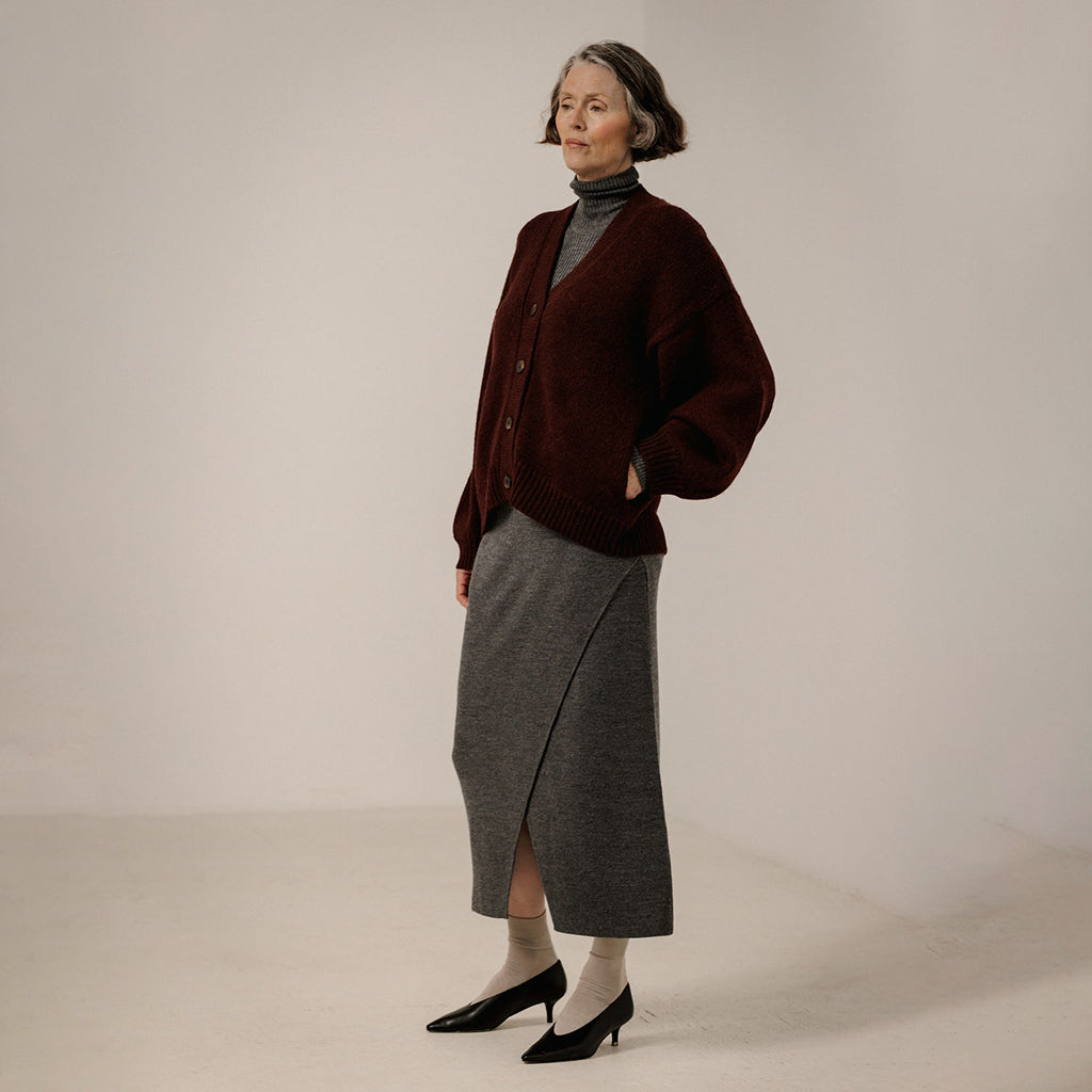Bare Knitwear Woman Oversized Alpaca Cardigan Deep Maroon Red