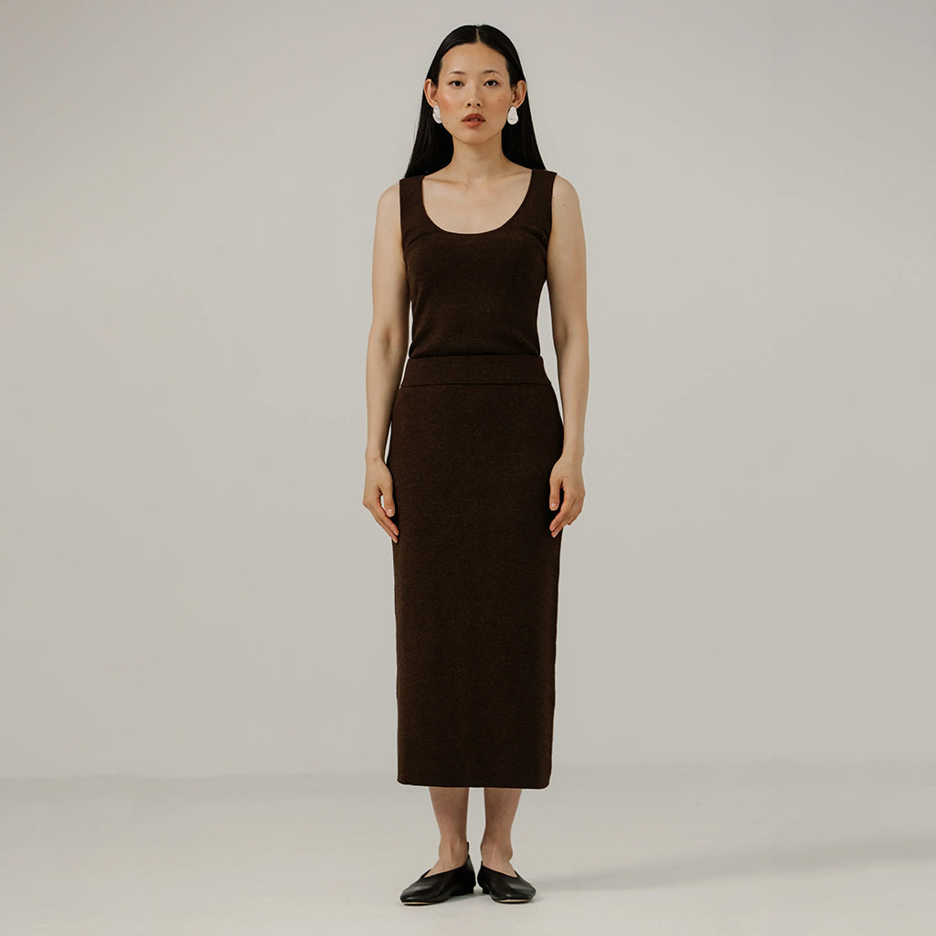 Bare Knitwear Woman Alpaca Knit Midi Skirt Molasses Brown