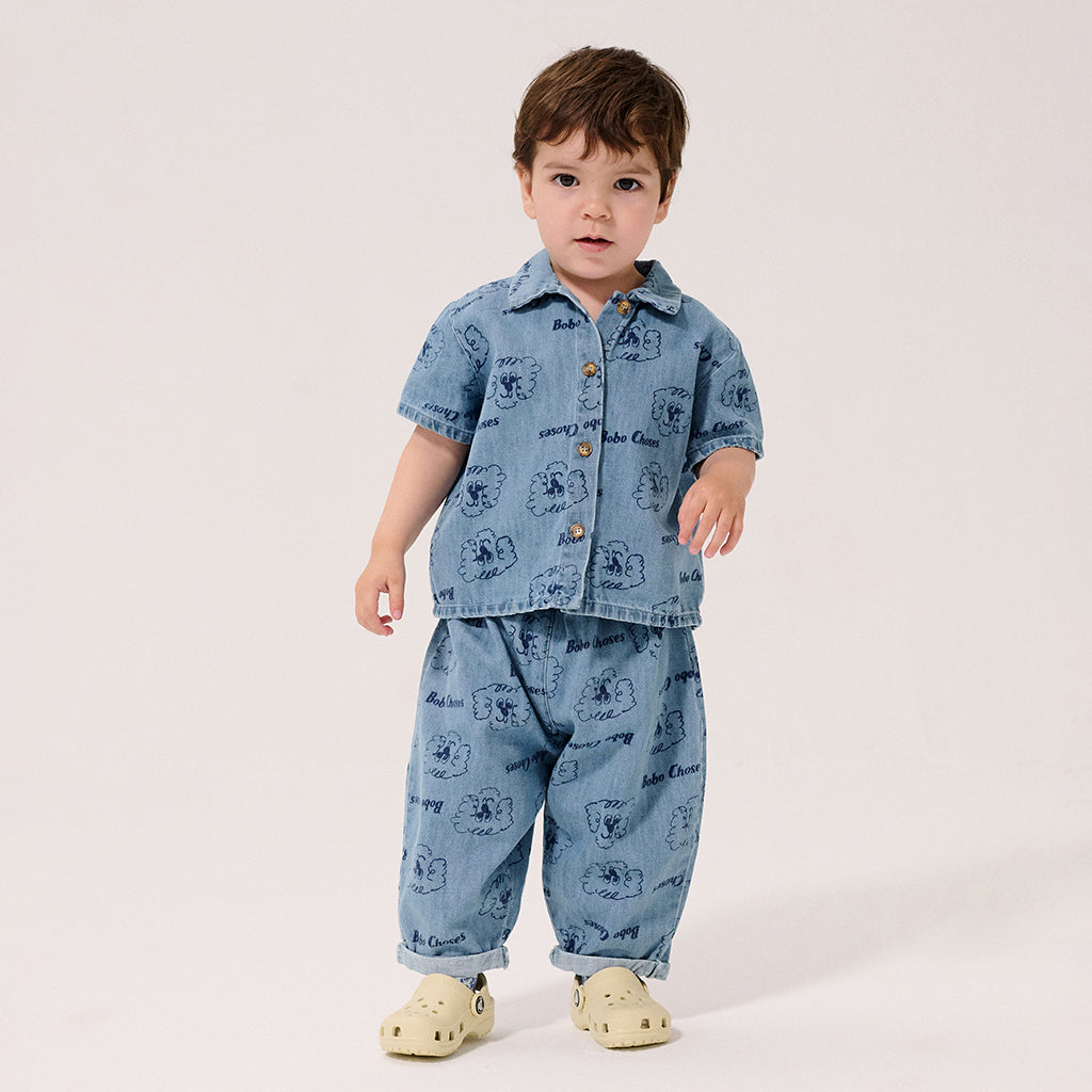 Bobo Choses Baby Denim Shirt All Over Pickles The Dog Print Light Blue