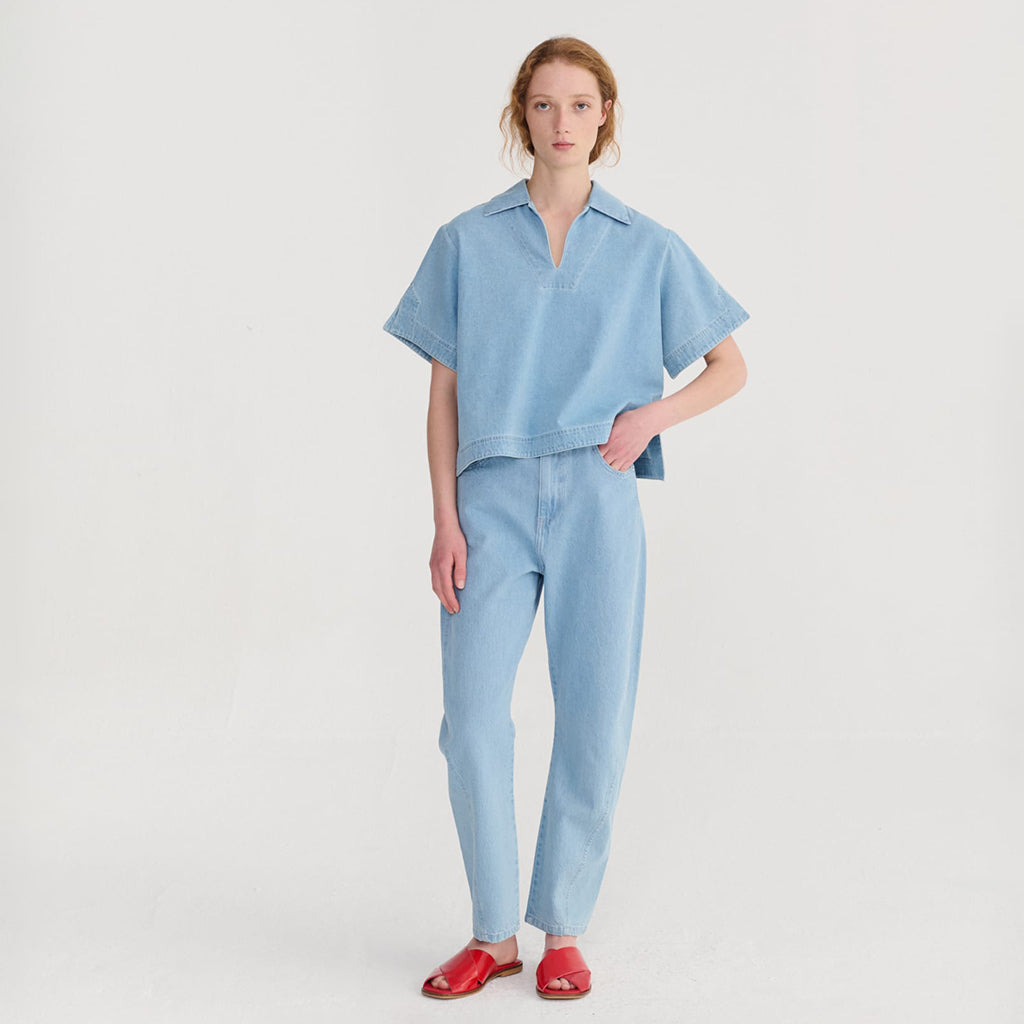 Bobo Choses Woman High Waist Pants Simple Pear Print Light Blue