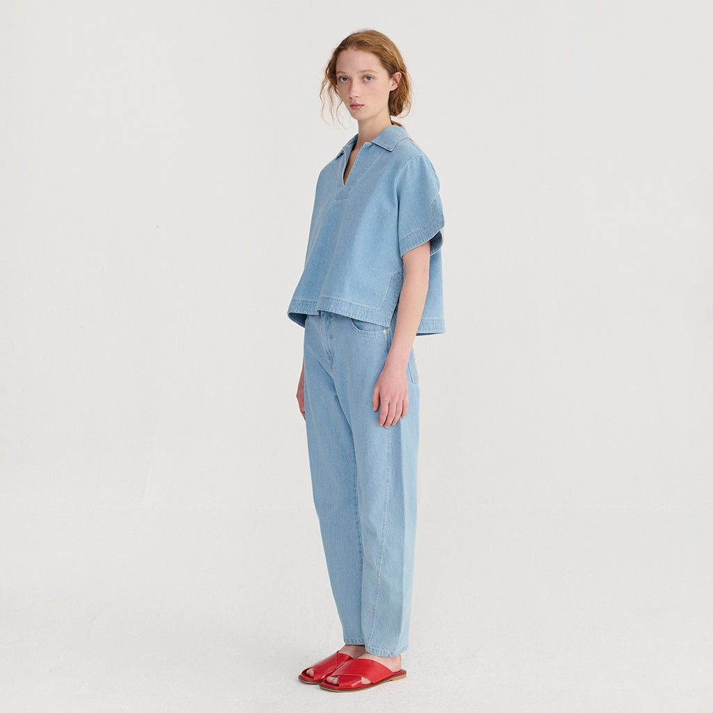 Bobo Choses Woman High Waist Pants Simple Pear Print Light Blue