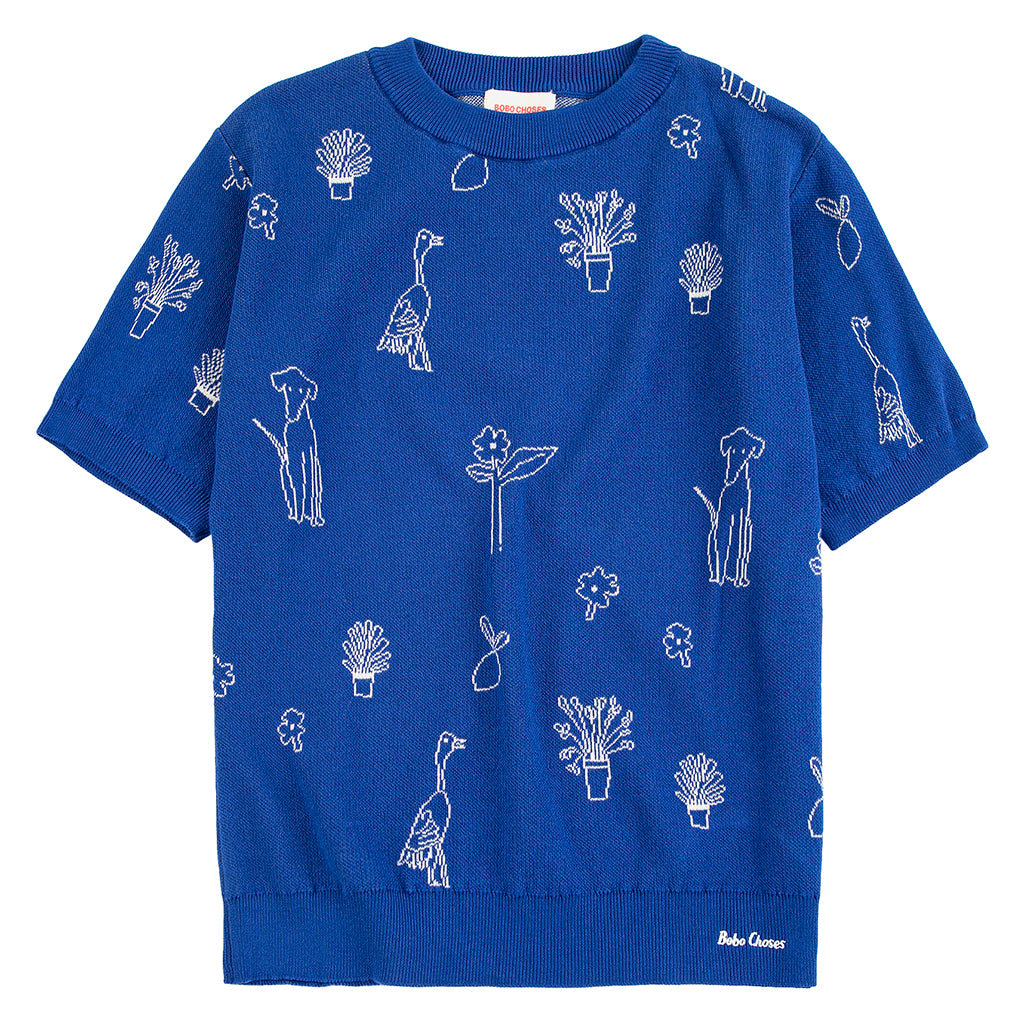 Bobo Choses Woman Knit T-shirt Jacquard Summer Trip Pattern Blue