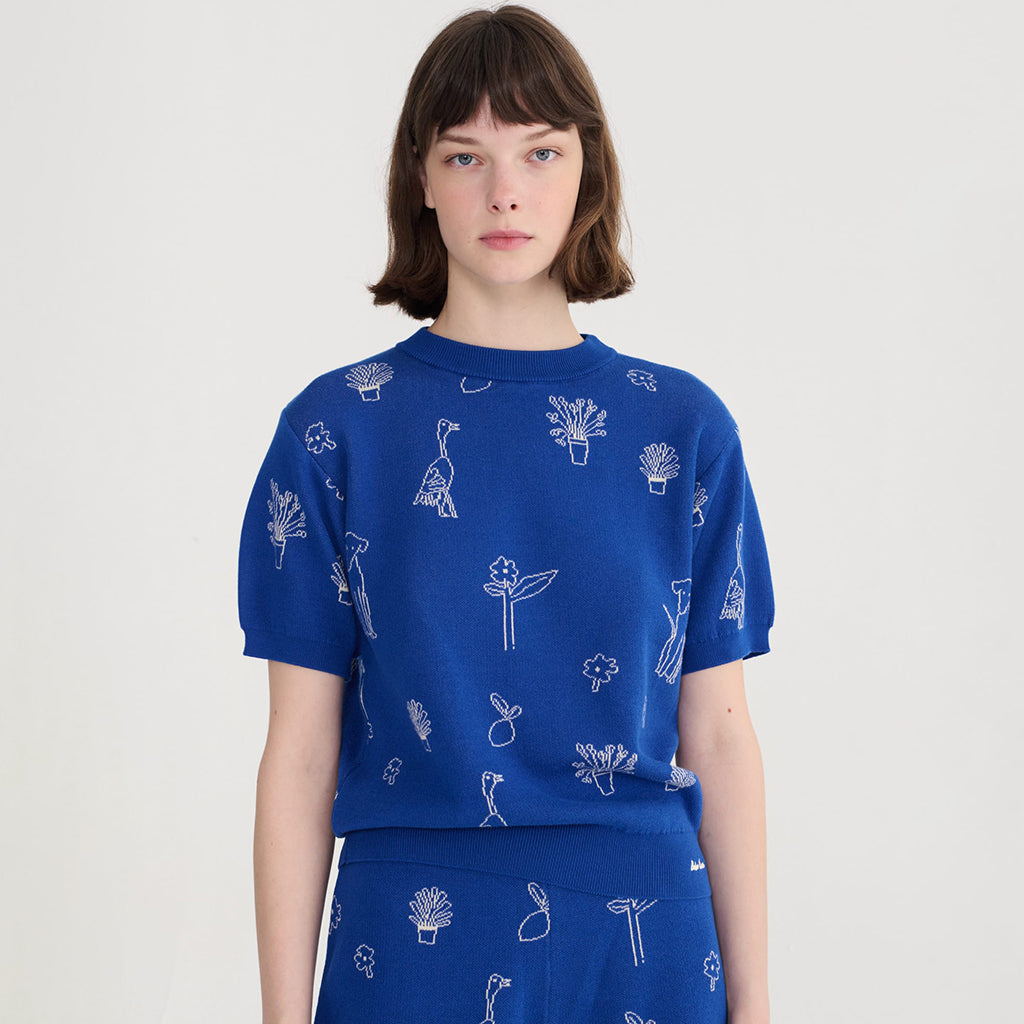 Bobo Choses Woman Knit T-shirt Jacquard Summer Trip Pattern Blue