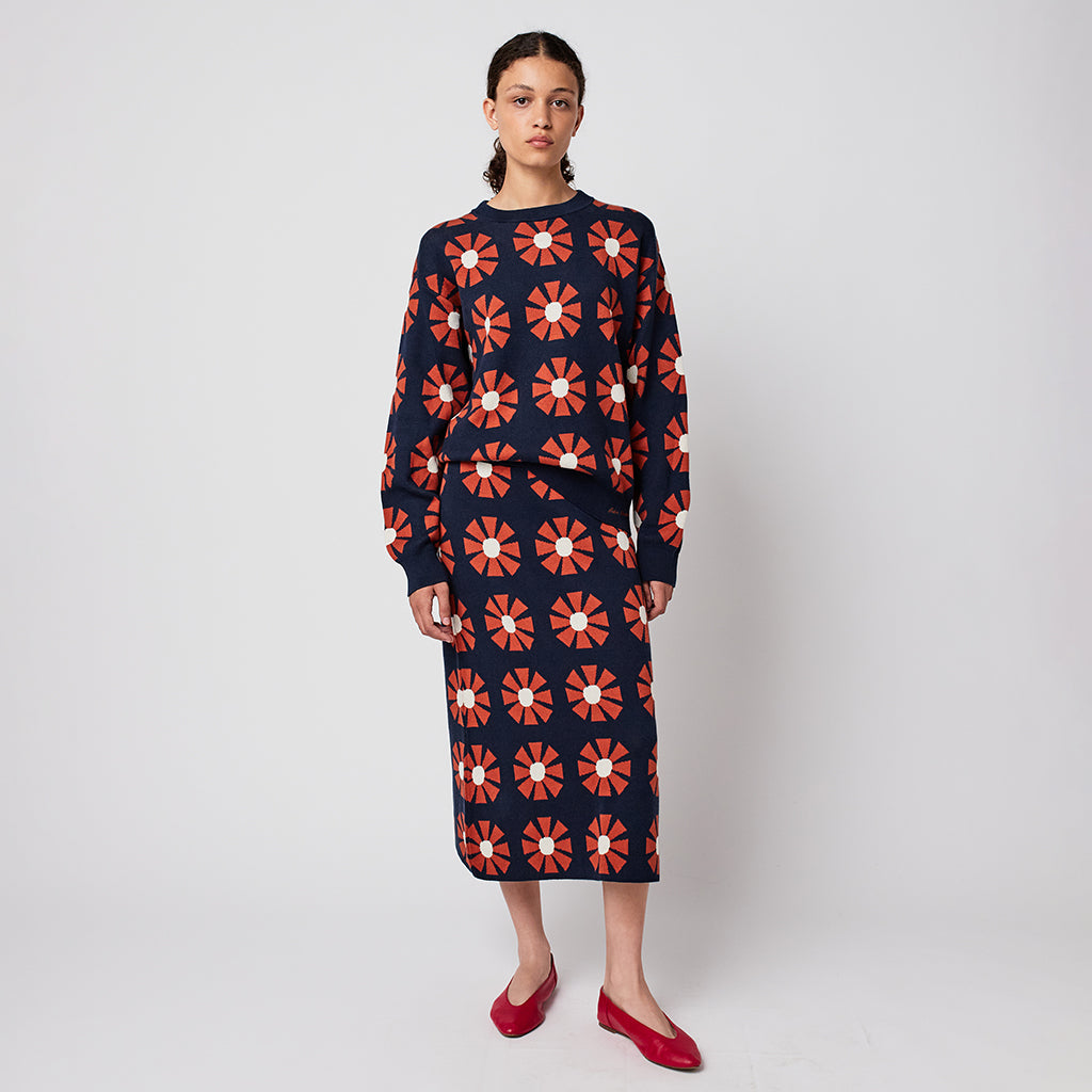 Bobo Choses Woman Relaxed Sweater Navy Blue Flower Jacquard