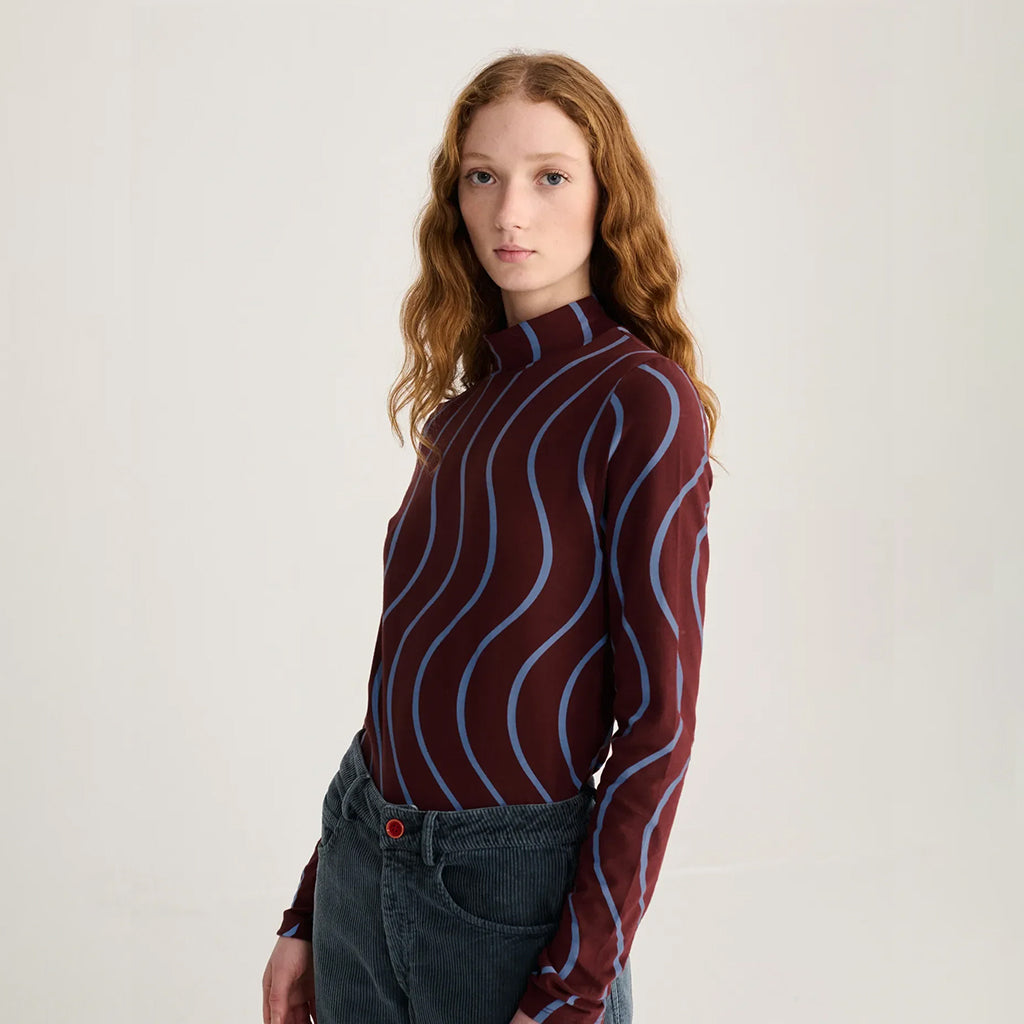 Bobo Choses Woman Turtleneck T-shirt Psicodelic Stripes Burgundy Red