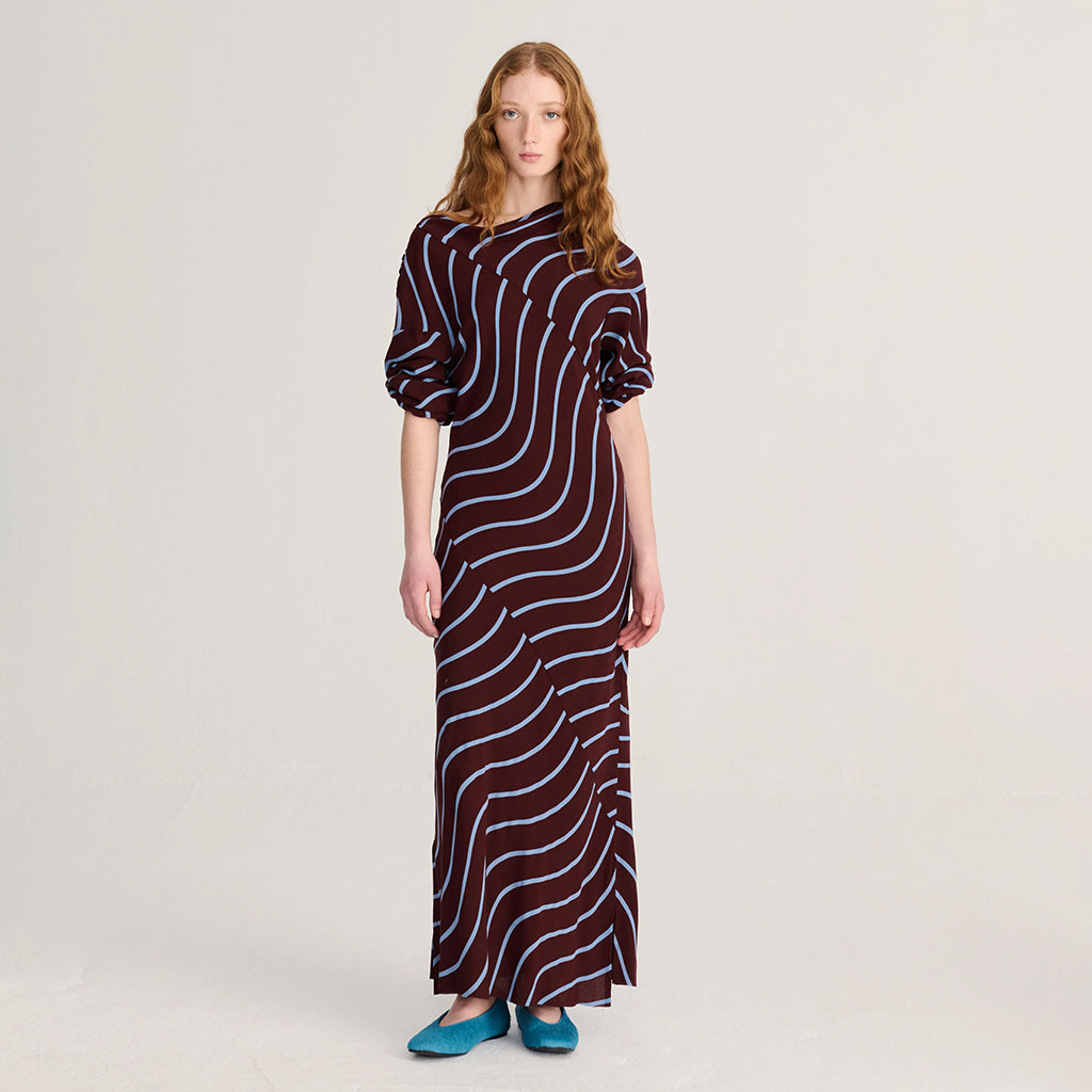 Bobo Choses Woman Fluid Dress Psicodelic Stripes Burgundy Red
