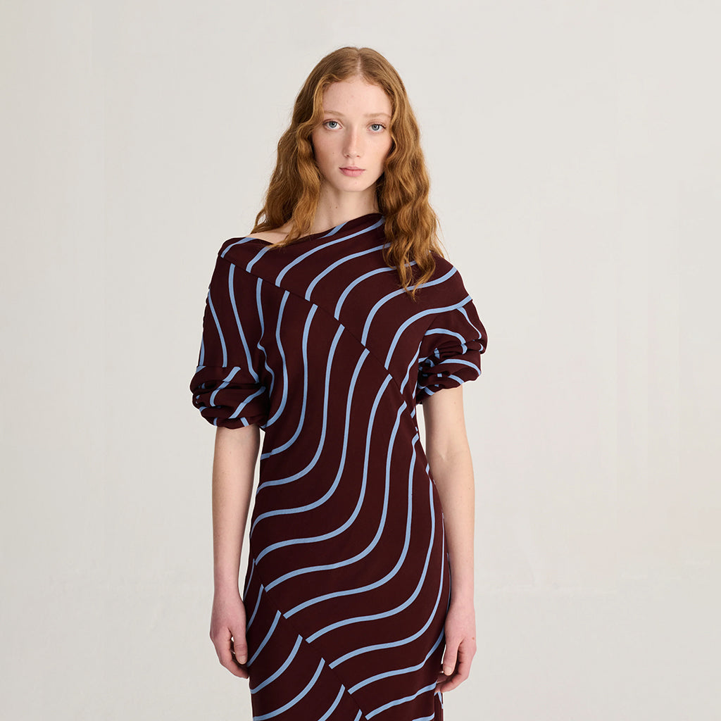 Bobo Choses Woman Fluid Dress Psicodelic Stripes Burgundy Red
