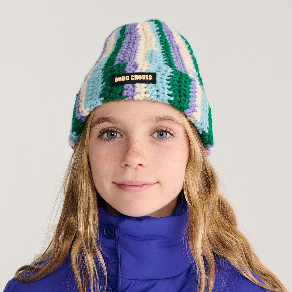 Bobo Choses Child Knitted Hat Aqua Blue Stripes