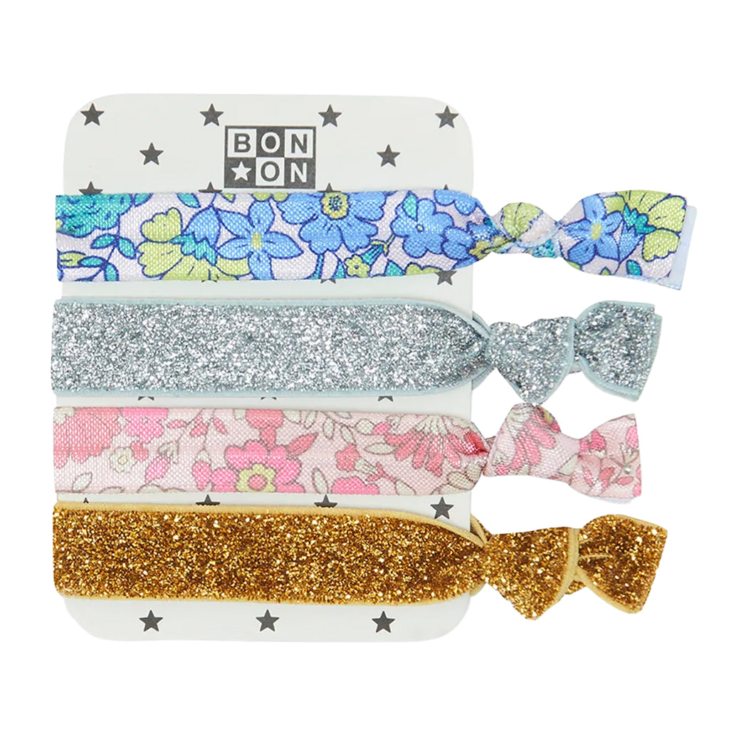 Bonton Child Set Of Four Hair Elastics Glitter Flowers Blue