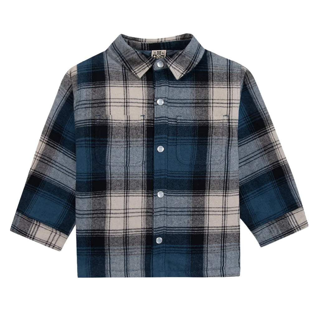 Bonton Child Peace Shirt Plaid Check Boy Blue