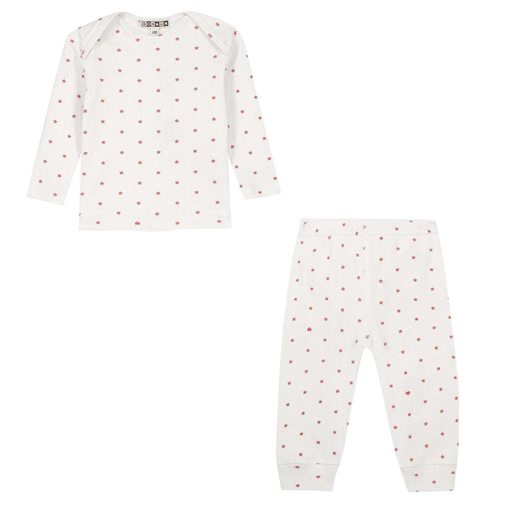 Bonton Baby Patino Three Piece Set White With Rose Pink Star Print