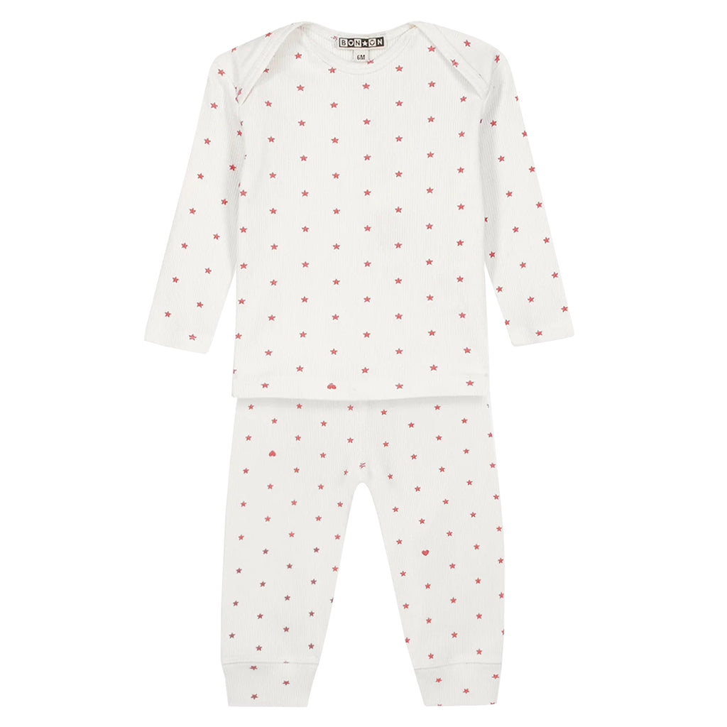 Bonton Baby Patino Three Piece Set White With Rose Pink Star Print