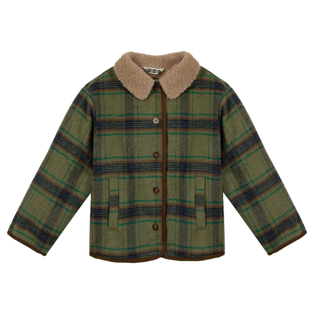 Bonton Child Pierrot Shirt Jacket Sunday Green Plaid