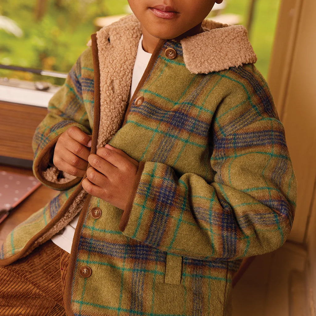 Bonton Child Pierrot Shirt Jacket Sunday Green Plaid