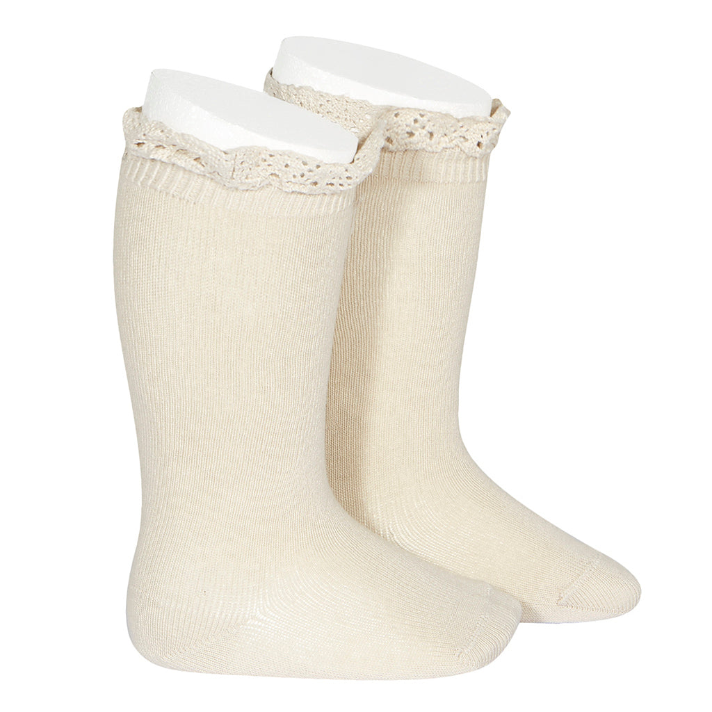 Condor Baby And Child Knee Socks With Lace Edging Linen Beige