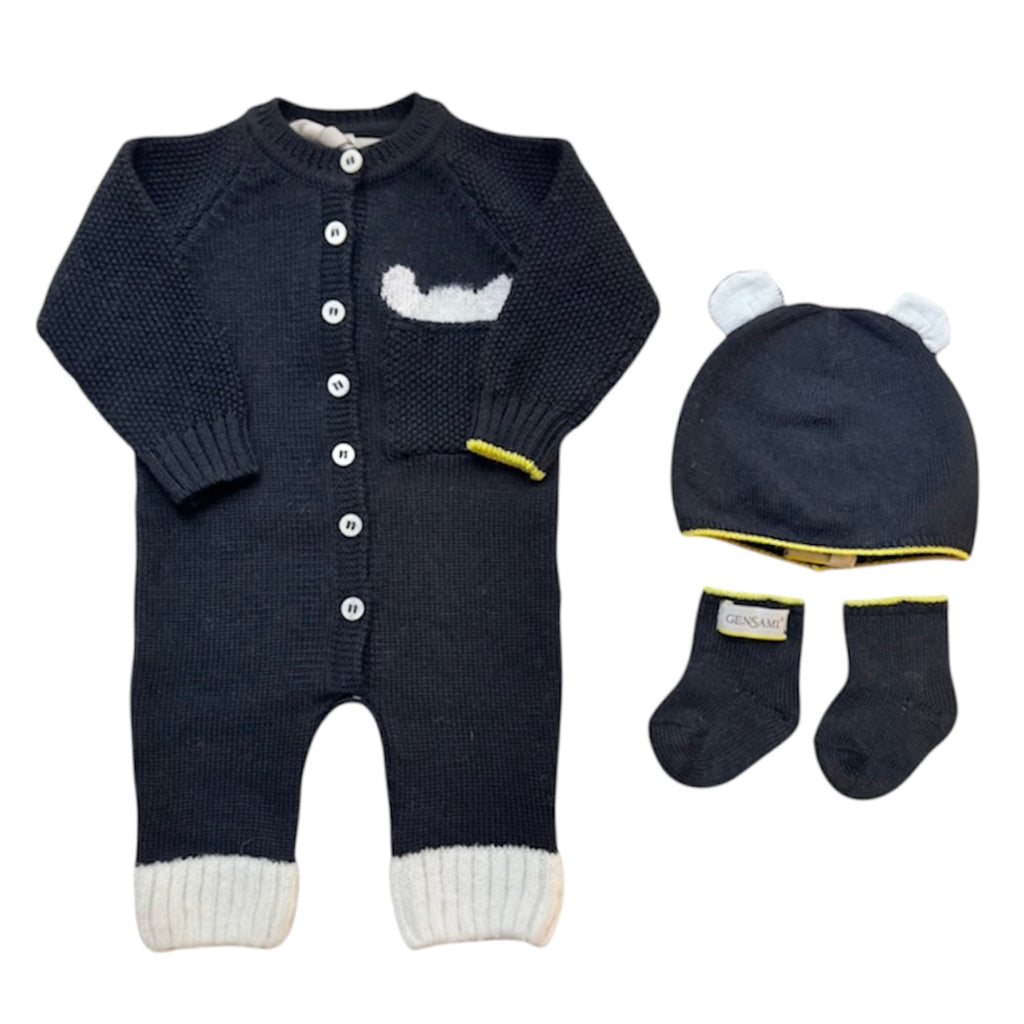 Gensami Baby Three Piece Set Peek-a-boo Alpachino Jumpsuit, Hat And Booties Black
