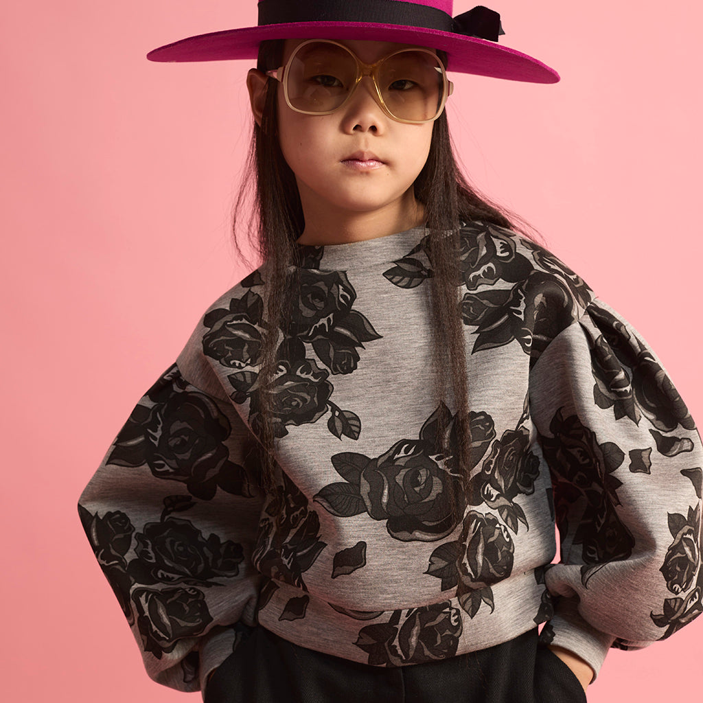 Little Creative Factory Child Neoprene Sweatshirt Grey Melange And Black Flowers