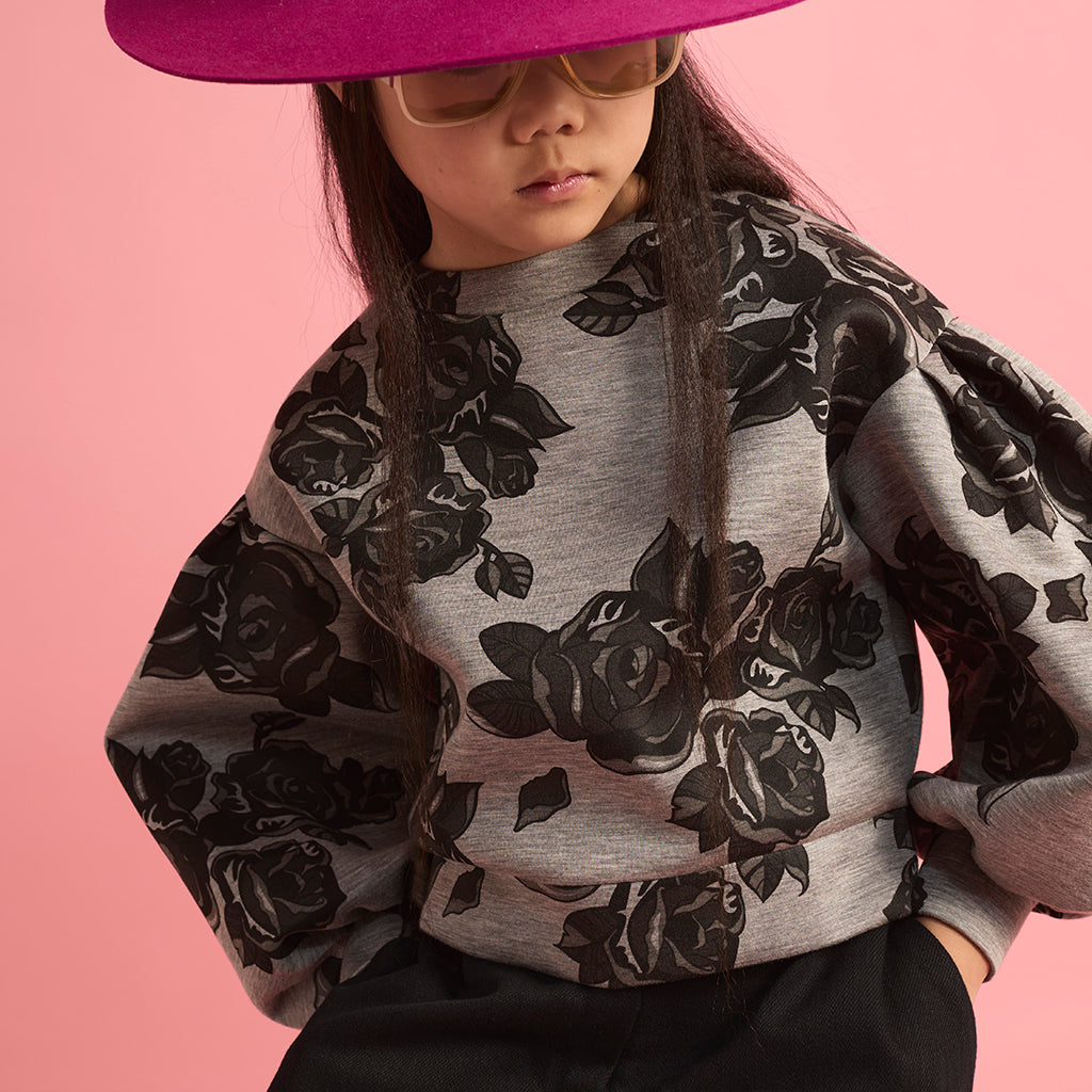 Little Creative Factory Child Neoprene Sweatshirt Grey Melange And Black Flowers