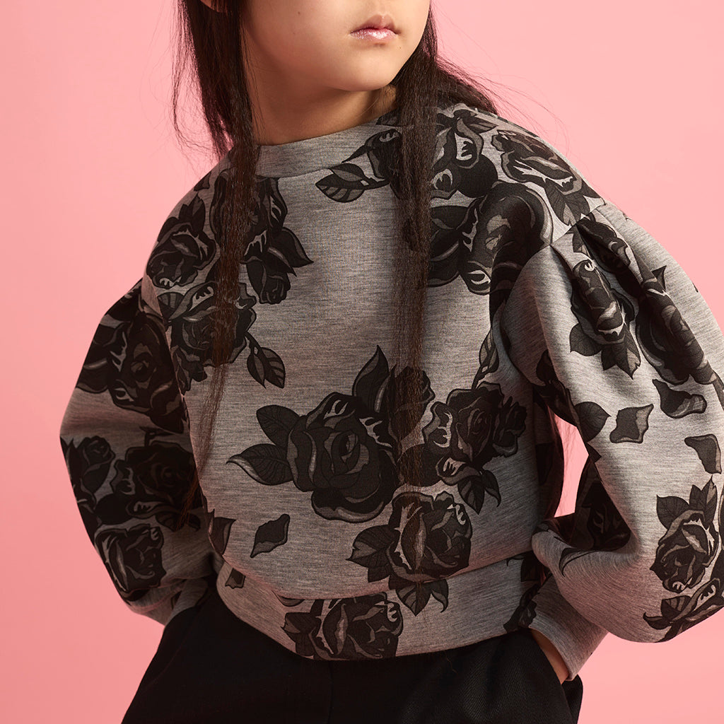 Little Creative Factory Child Neoprene Sweatshirt Grey Melange And Black Flowers