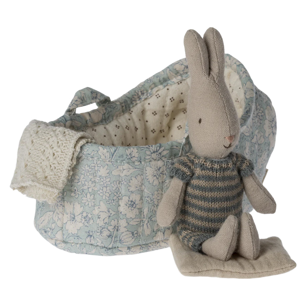 Maileg Toys Micro Rabbit In Carry Cot Blue And Sand