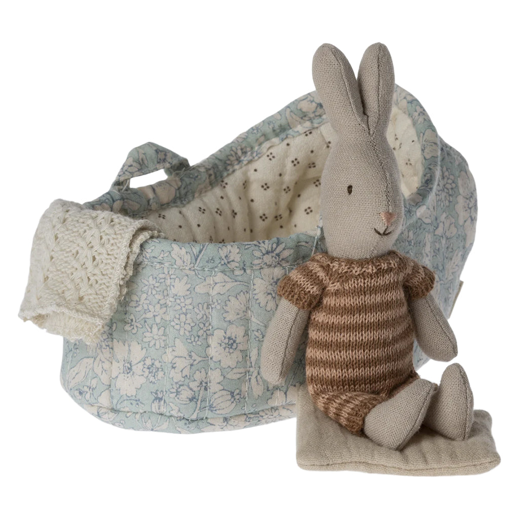 Maileg Toys Micro Rabbit In Carry Cot Marron And Dark Powder