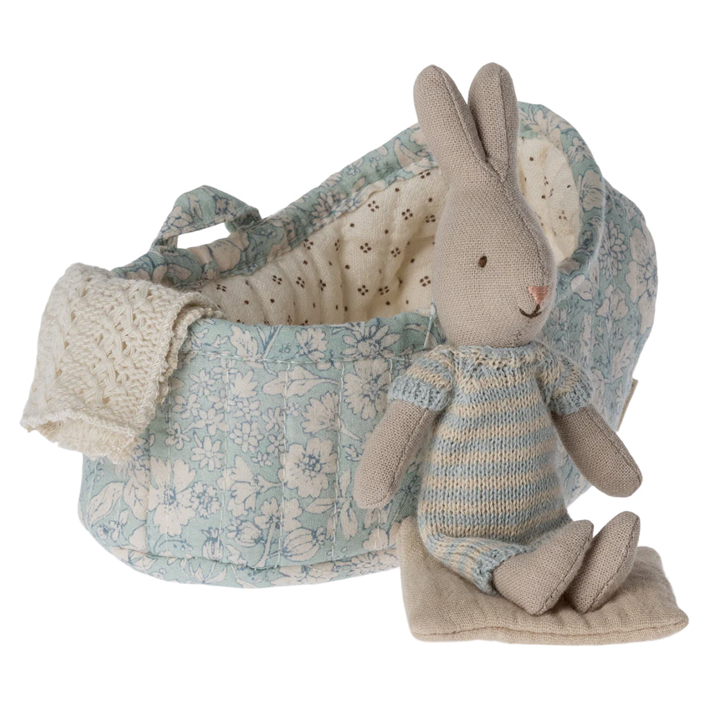 Maileg Toys Micro Rabbit In Carry Cot Mint And Off White
