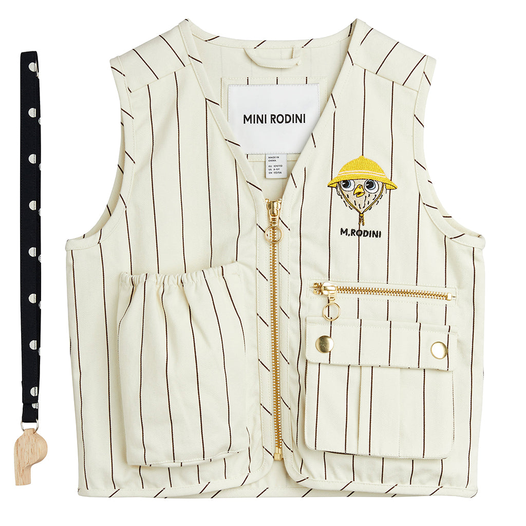 Mini Rodini Child Utility Vest With Owl Embroidery Cream Stripes