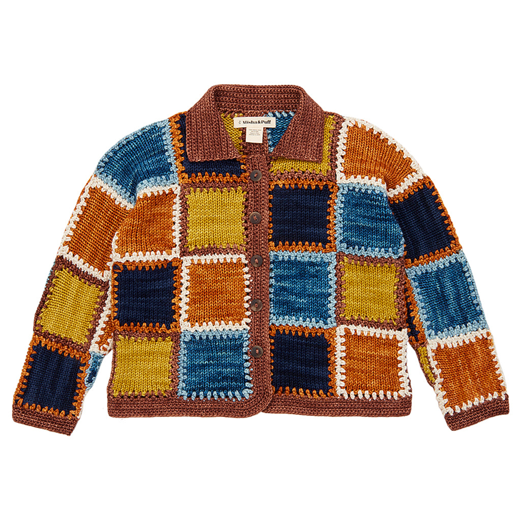 Misha & Puff Child Ladder Square Cardigan Chestnut Brown