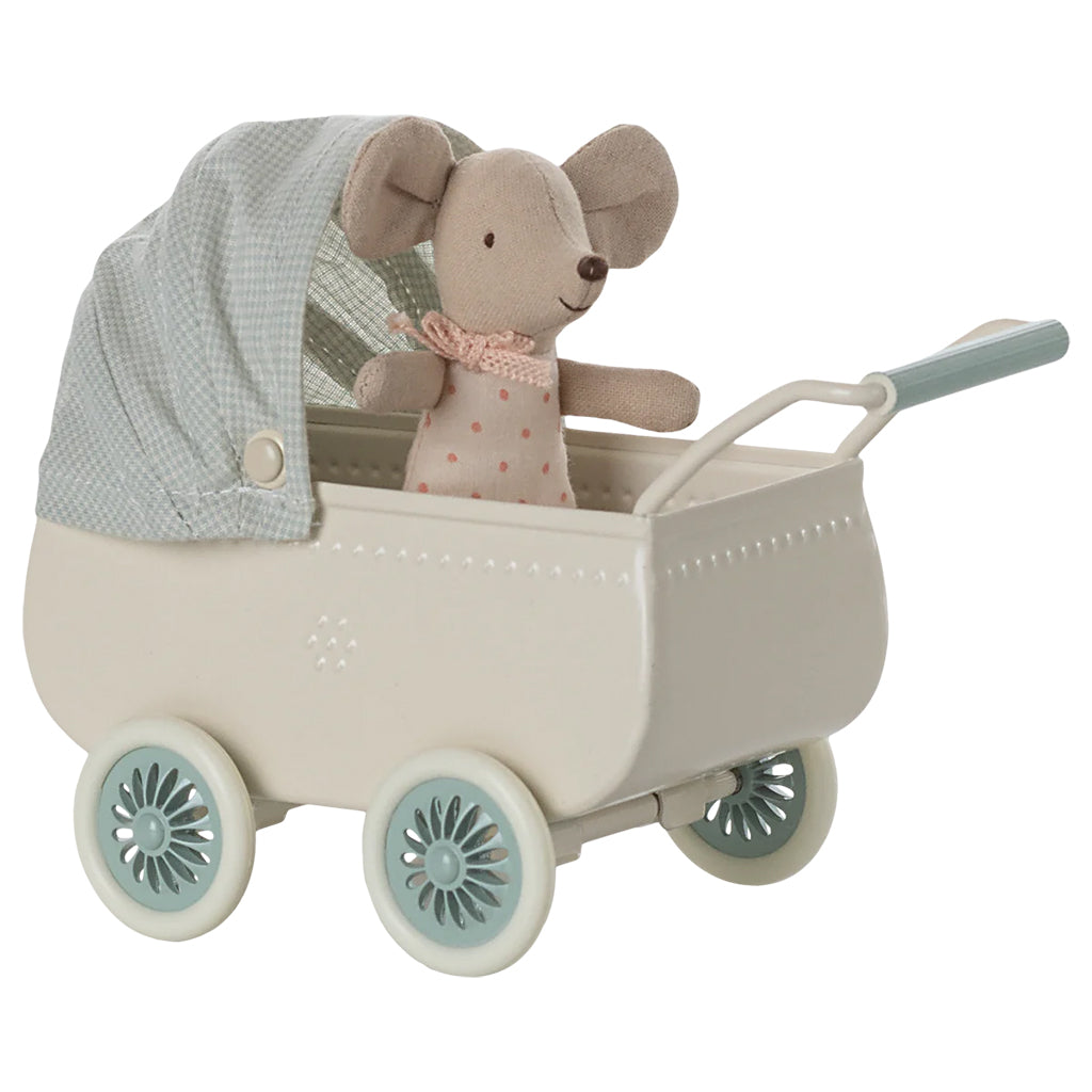 Maileg Toys Mouse Micro Pram With Baby Mouse Mint Green