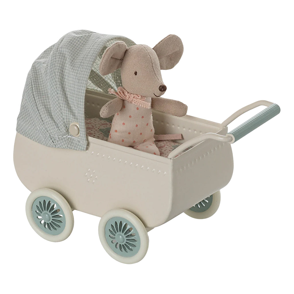 Maileg Toys Mouse Micro Pram With Baby Mouse Mint Green