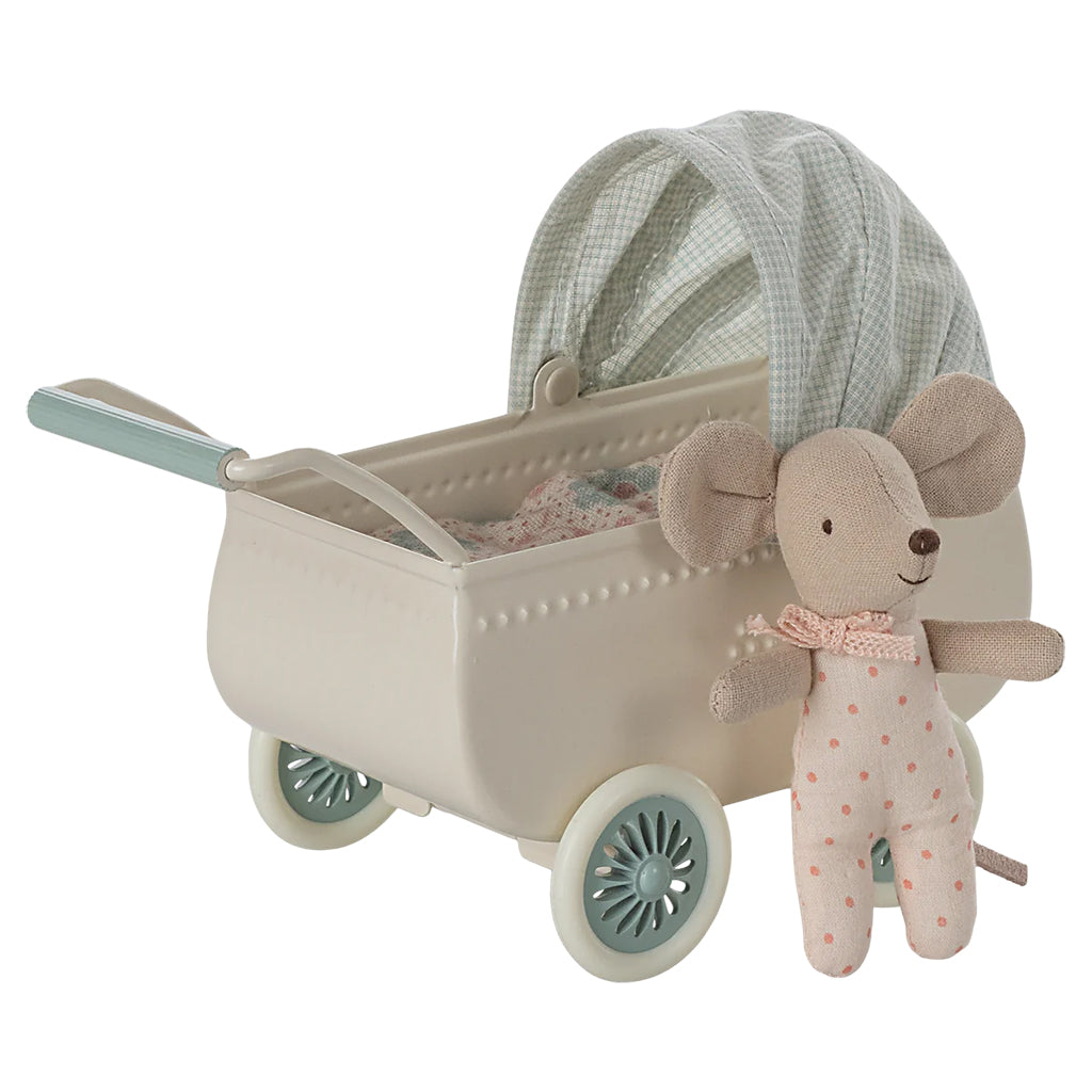 Maileg Toys Mouse Micro Pram With Baby Mouse Mint Green