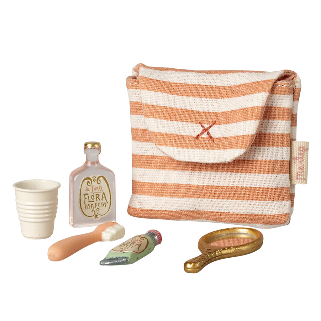 Maileg Toys Mouse Miniature Toothbrush Set In Coral Orange Stripe Bag
