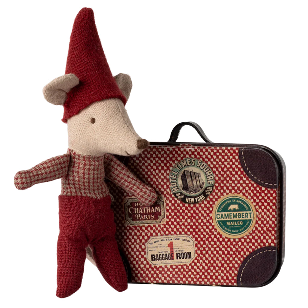 Maileg Toys Baby Christmas Mouse In Suitcase Red