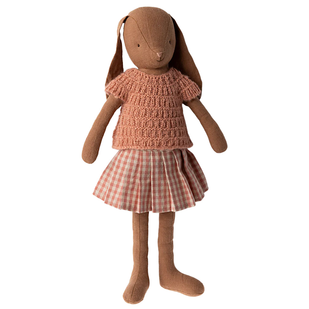 Maileg Toys Bunny Size 3 Wearing a Knitted Shirt And Skirt Chocolate Brown