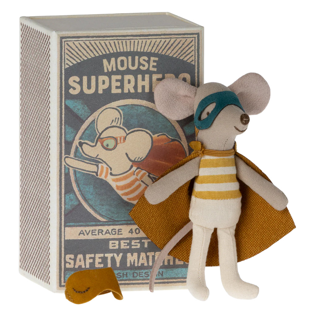 Maileg Toys Little Brother Superhero Mouse In Matchbox Yellow