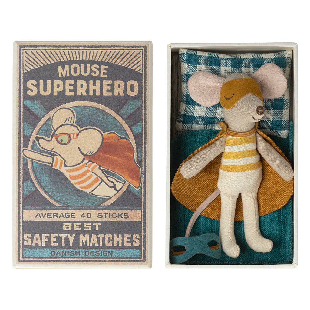 Maileg Toys Mouse Little Brother Superhero In Matchbox Yellow