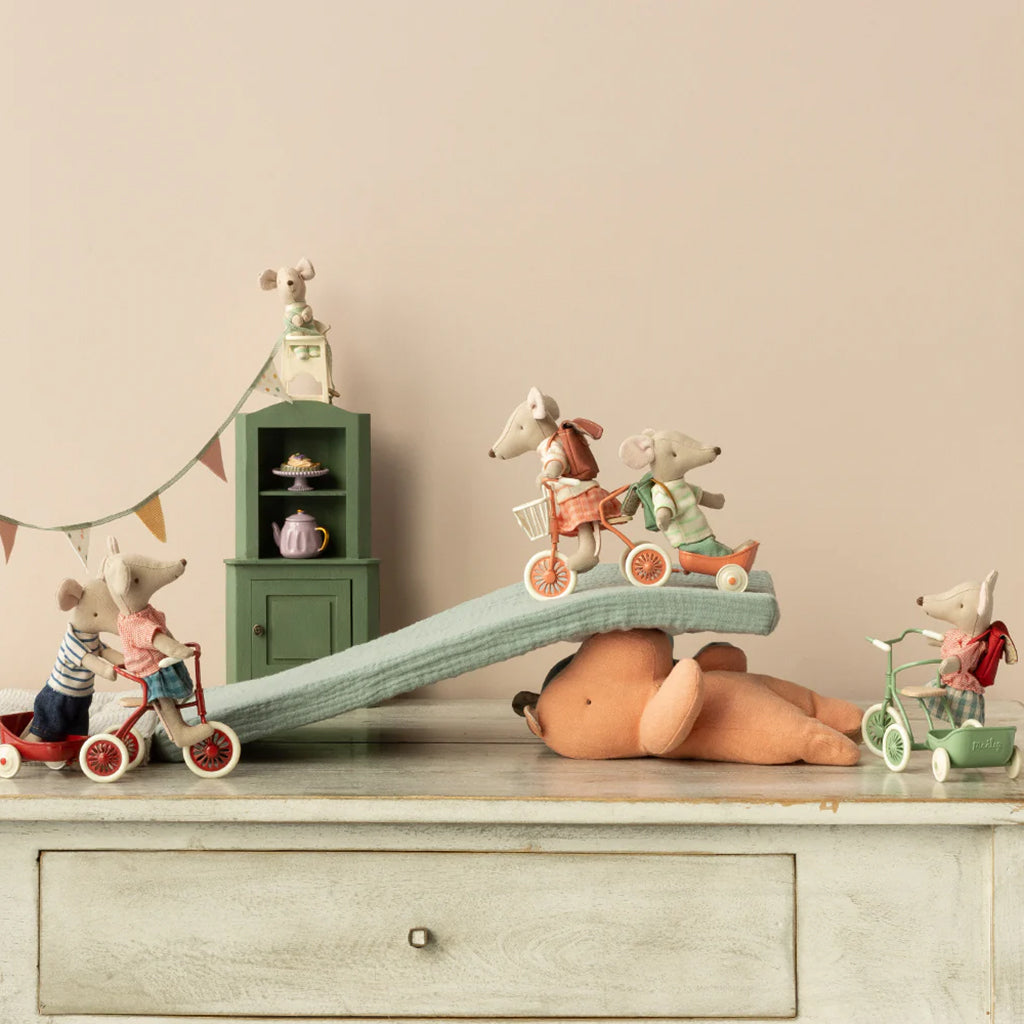 Maileg Toys Mouse Big Sister Tricycle With Bag Coral Orange