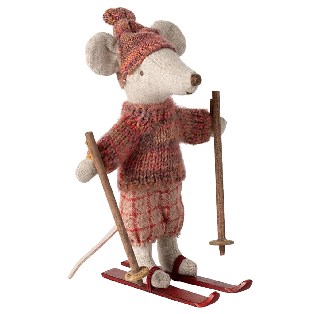 Maileg Toys Big Sister Winter Mouse With Ski Set Rose Pink