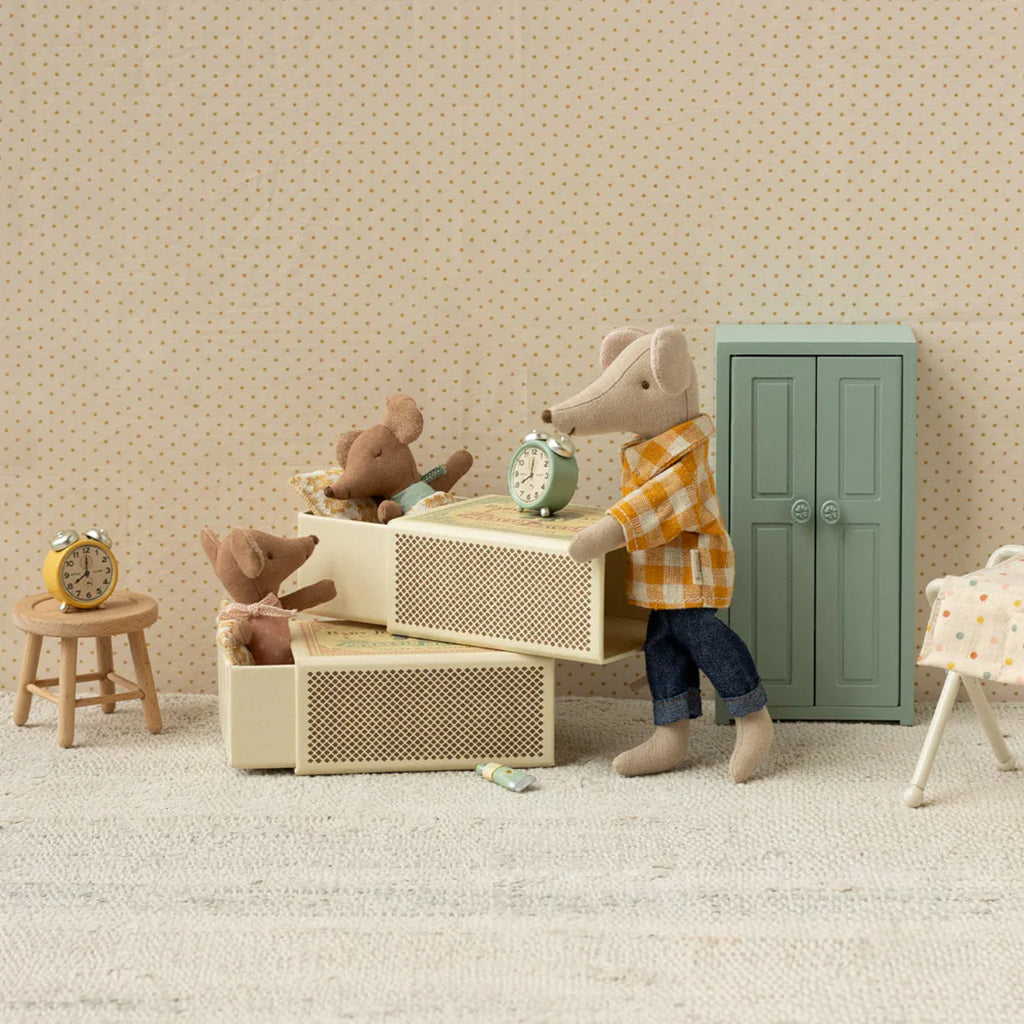 Maileg Toys Mouse Sleepy Wakey Baby In Matchbox Blue