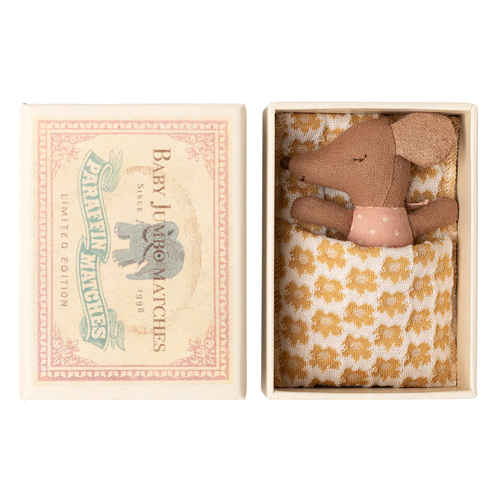 Maileg Toys Mouse Sleepy Wakey Baby In Matchbox Rose Pink