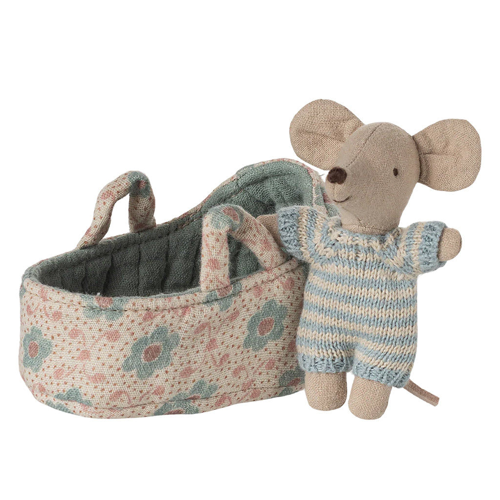 Maileg Toys Mouse Baby In Carry Cot Blue