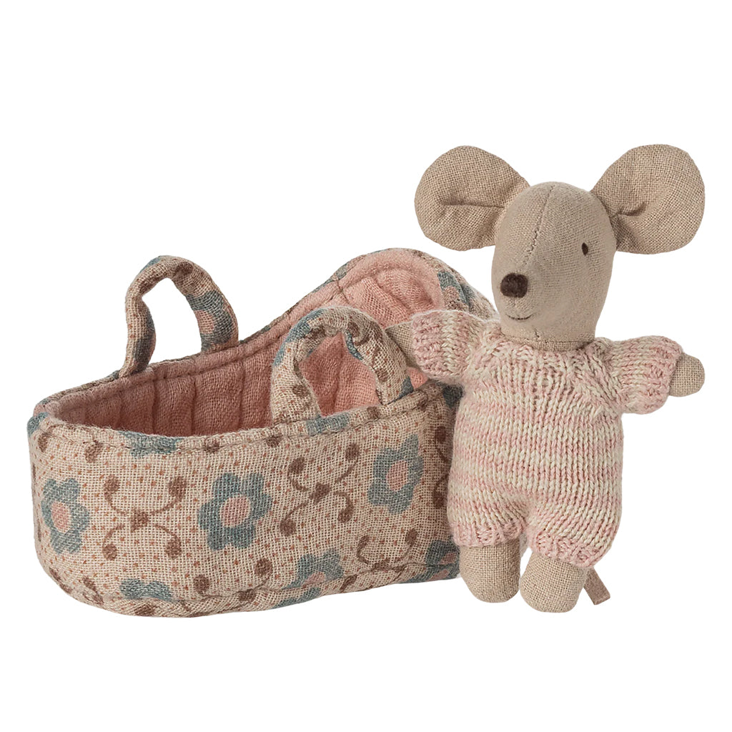 Maileg Toys Mouse Baby In Carry Cot Rose Pink