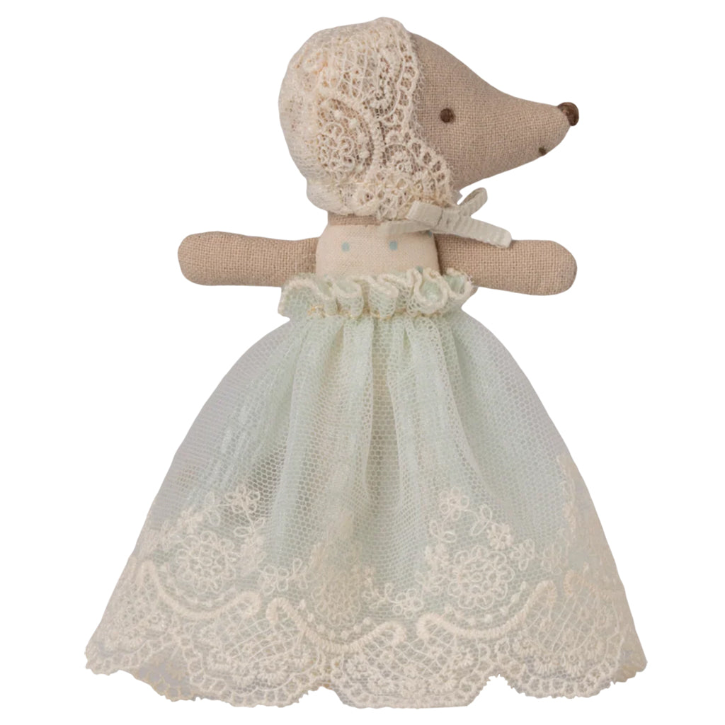 Maileg Toys Baby Mouse In Gown Mint Green