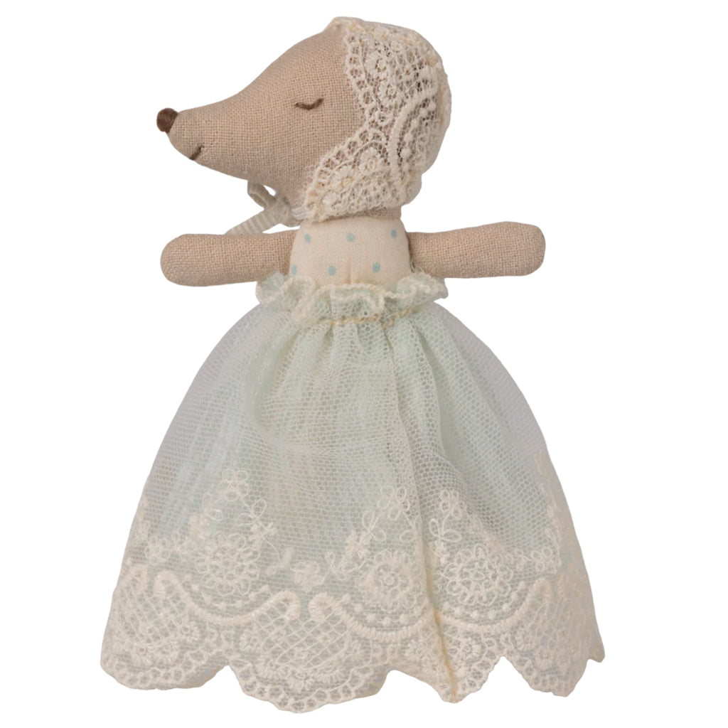 Maileg Toys Baby Mouse In Gown Mint Green